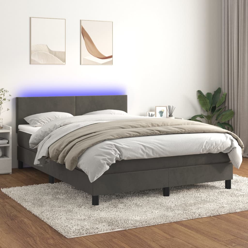 vidaXL Cama box spring c/ colchão/LED 140x200cm veludo cinzento-escuro