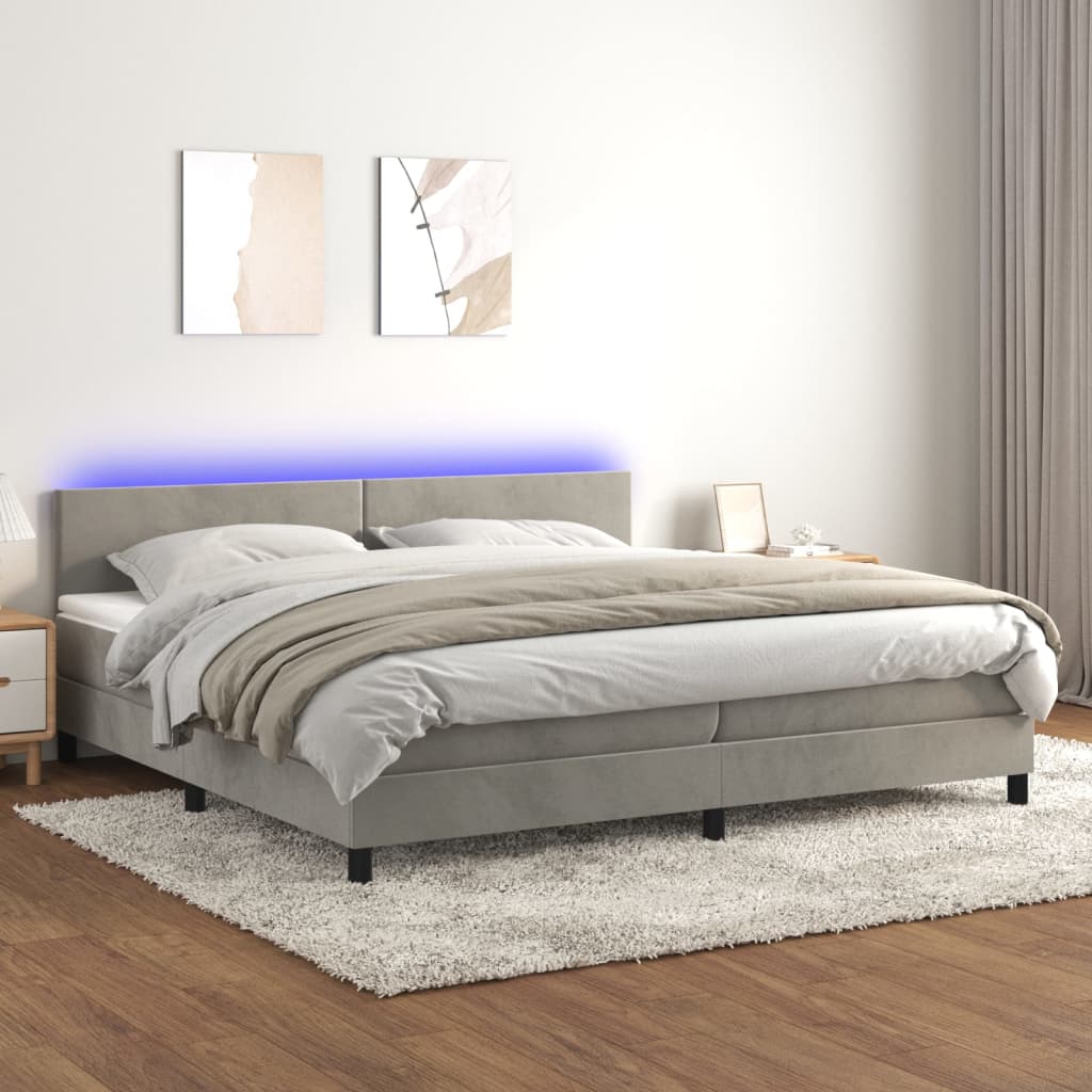 vidaXL Cama box spring c/ colchão/LED 200x200 cm veludo cinzento-claro