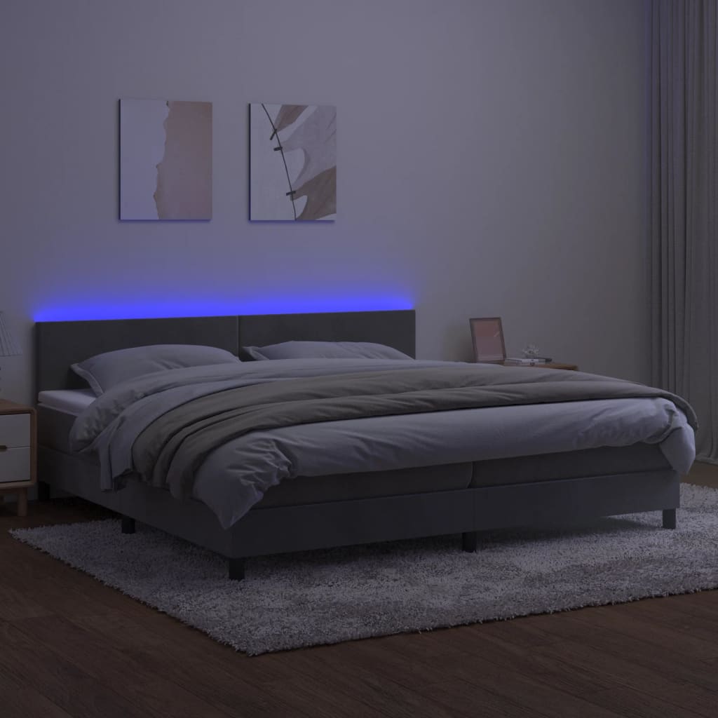 vidaXL Cama box spring c/ colchão/LED 200x200 cm veludo cinzento-claro