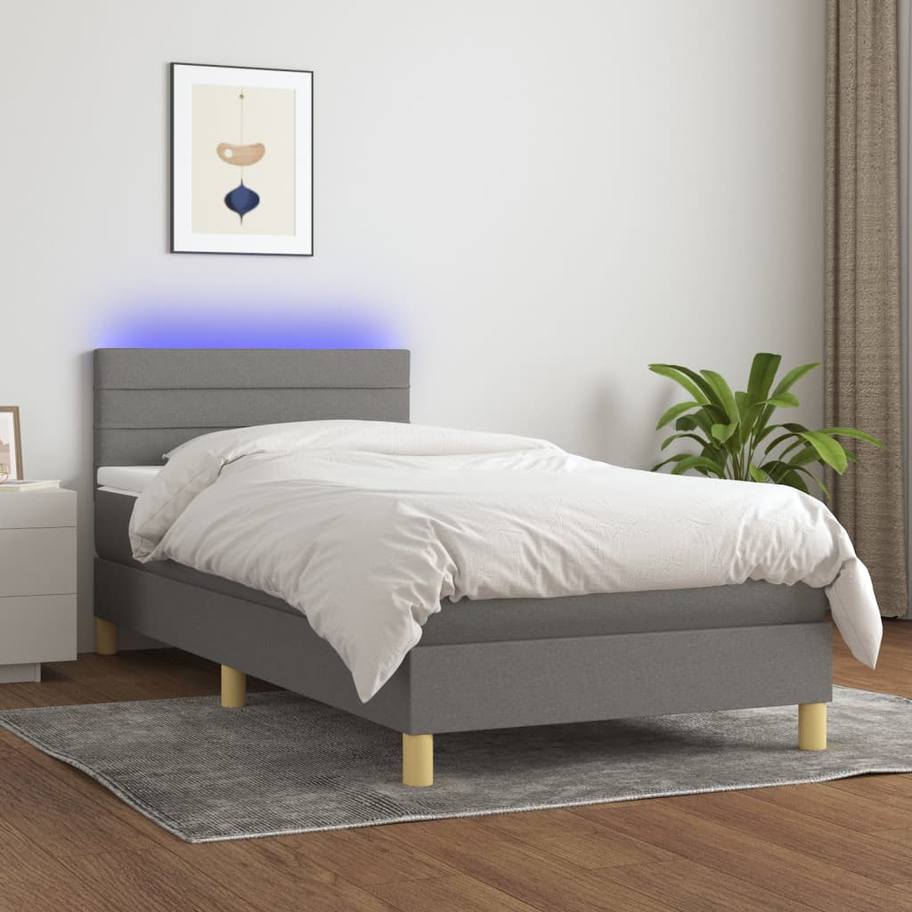 vidaXL Cama box spring c/ colchão e LED 90x200 cm tecido cinza-escuro