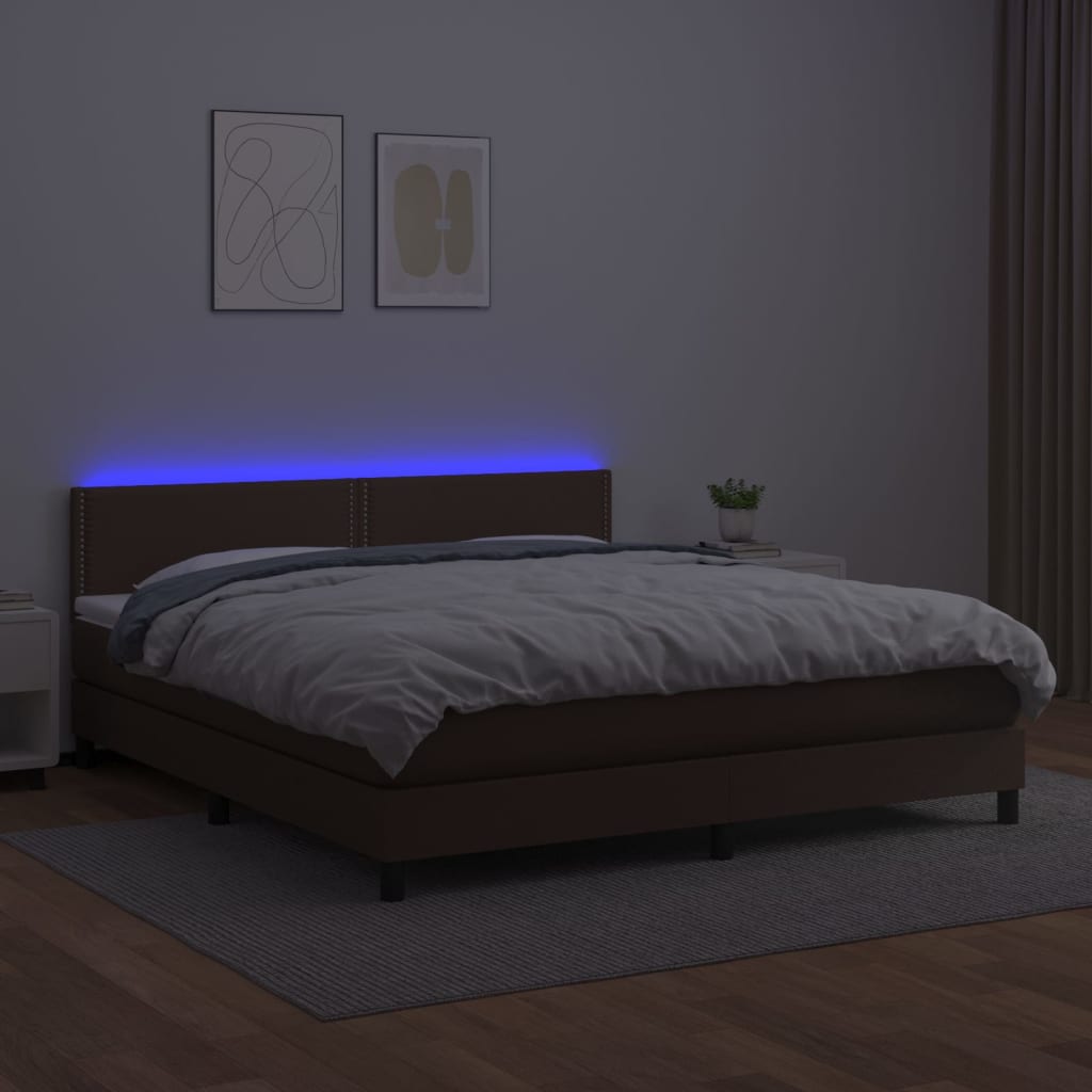 vidaXL Cama box spring c/ colchão/LED 180x200 cm couro artif. castanho