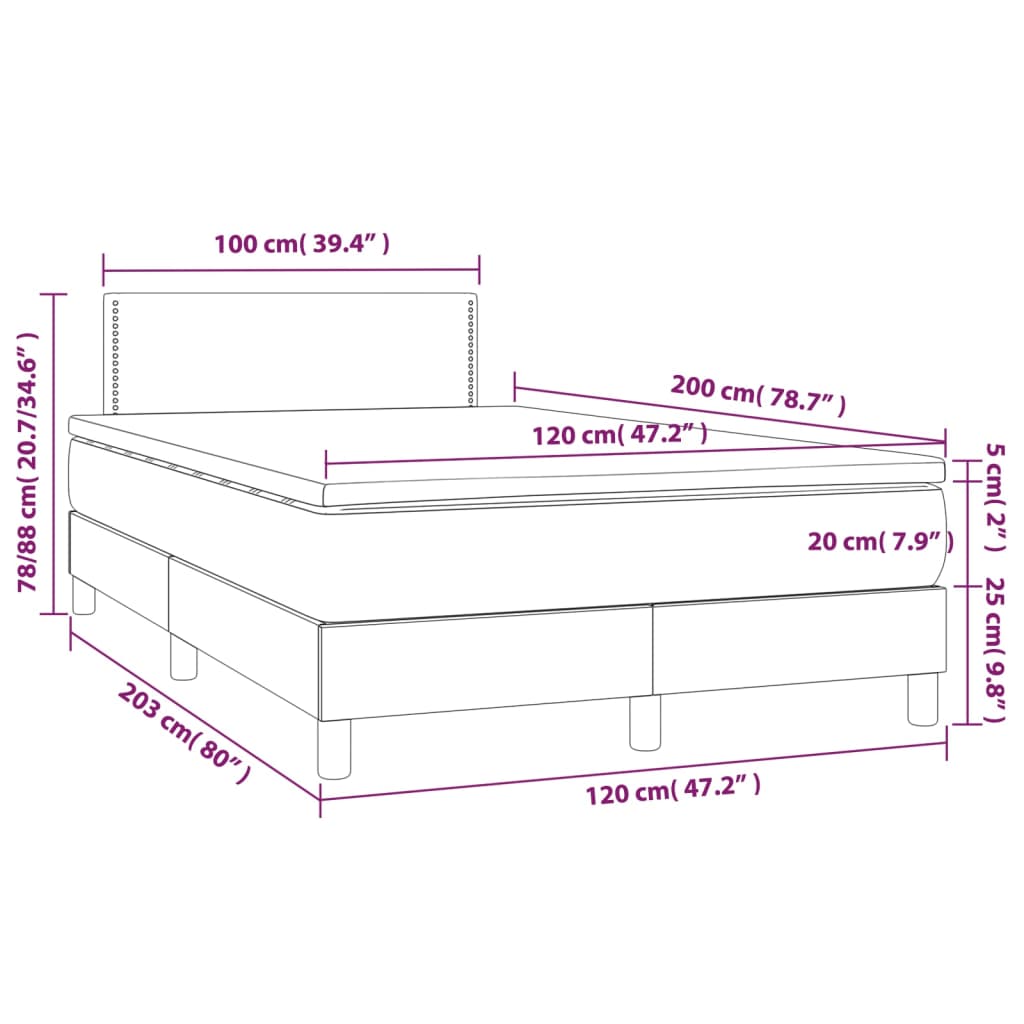 vidaXL Cama box spring c/ colchão/LED 120x200cm veludo cinzento-escuro