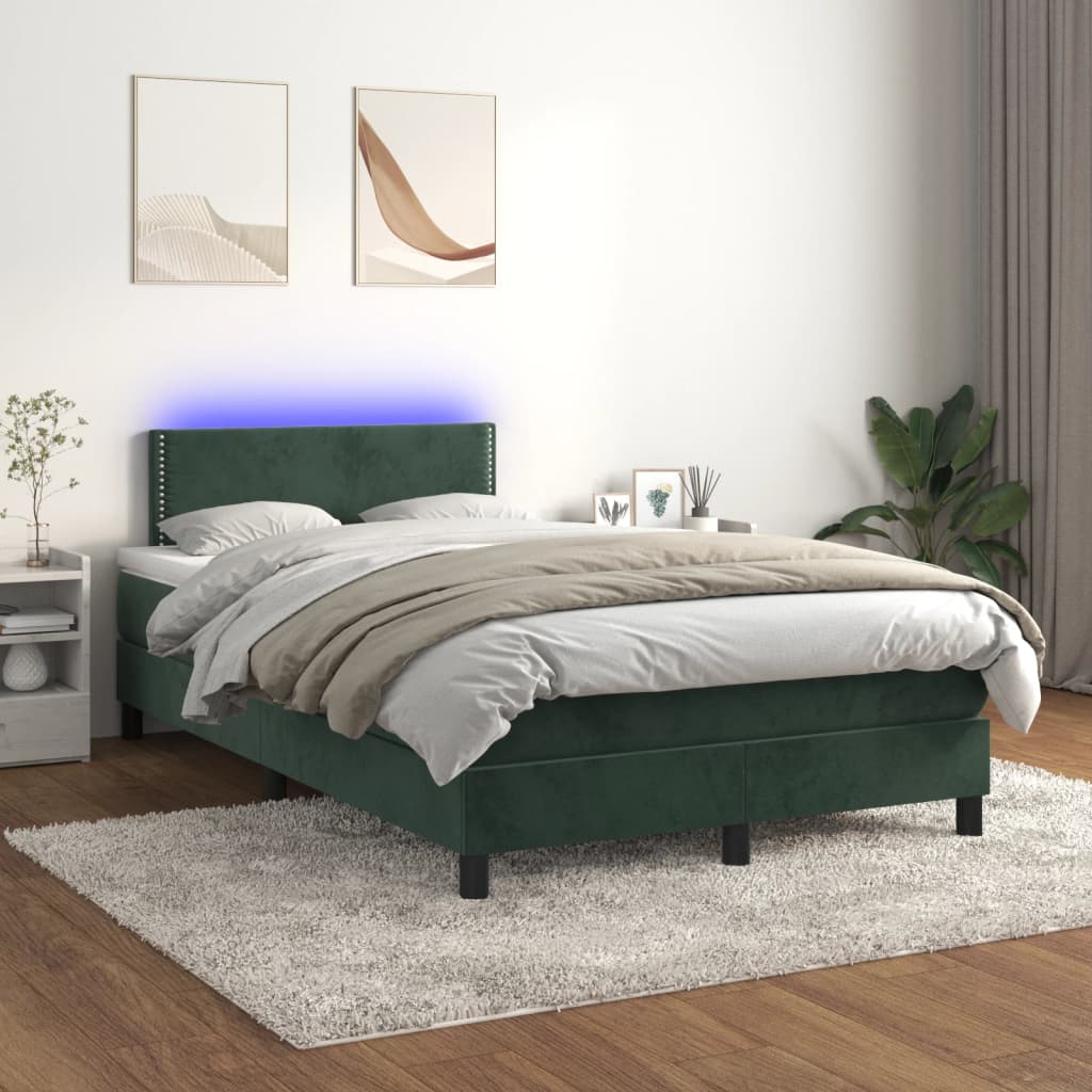 vidaXL Cama box spring c/ colchão/LED 120x200 cm veludo verde-escuro