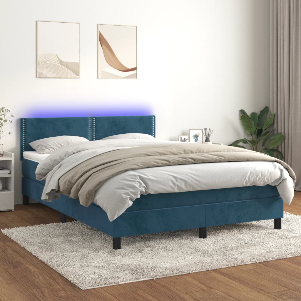 vidaXL Cama box spring c/ colchão/LED 140x190 cm veludo azul-escuro