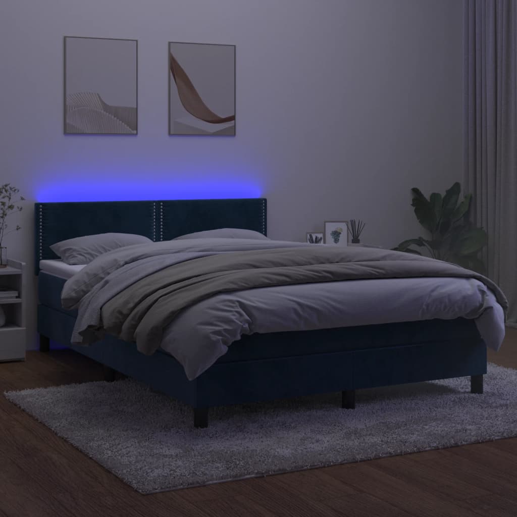 vidaXL Cama box spring c/ colchão/LED 140x190 cm veludo azul-escuro