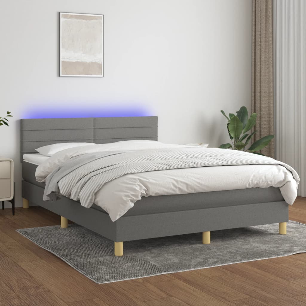 vidaXL Cama box spring c/ colchão e LED 140x200 cm tecido cinza-escuro