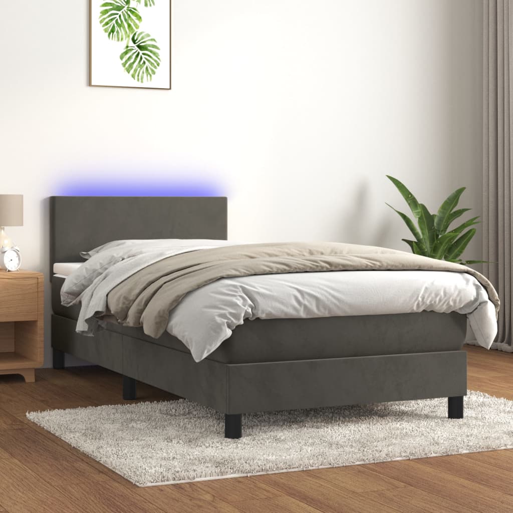 vidaXL Cama box spring c/ colchão/LED 80x200 cm veludo cinzento-escuro