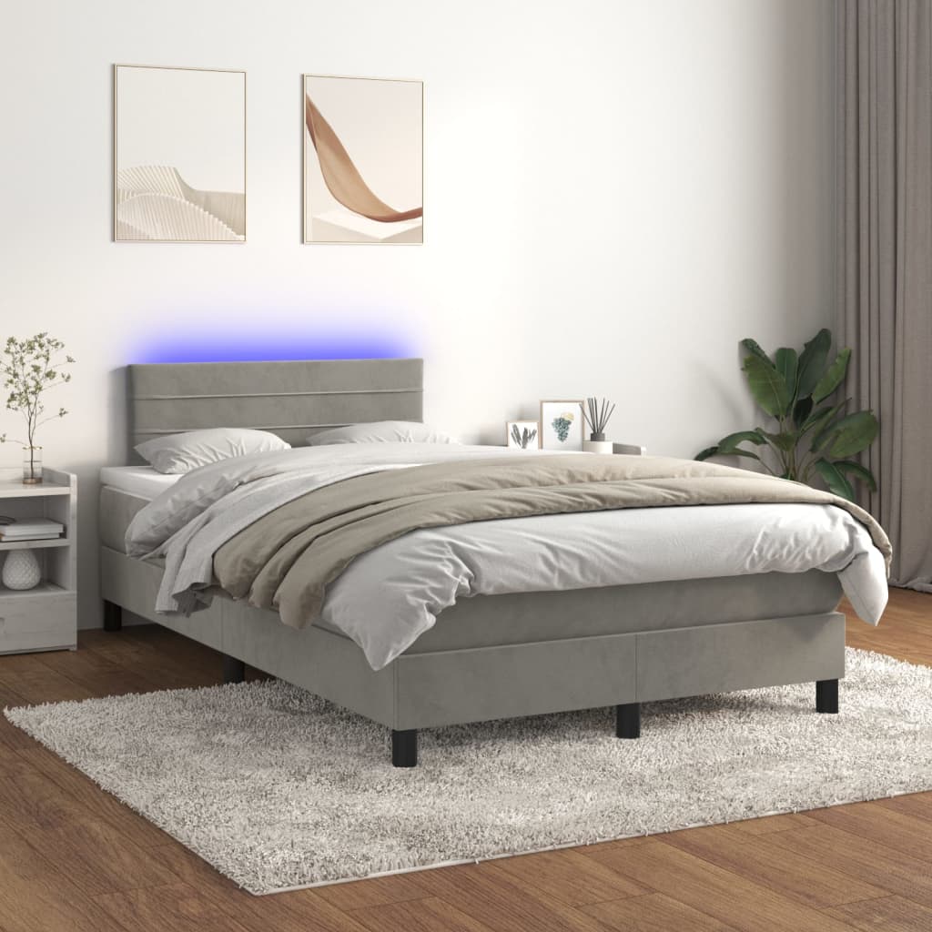 vidaXL Cama box spring c/ colchão/LED 120x200 cm veludo cinzento-claro