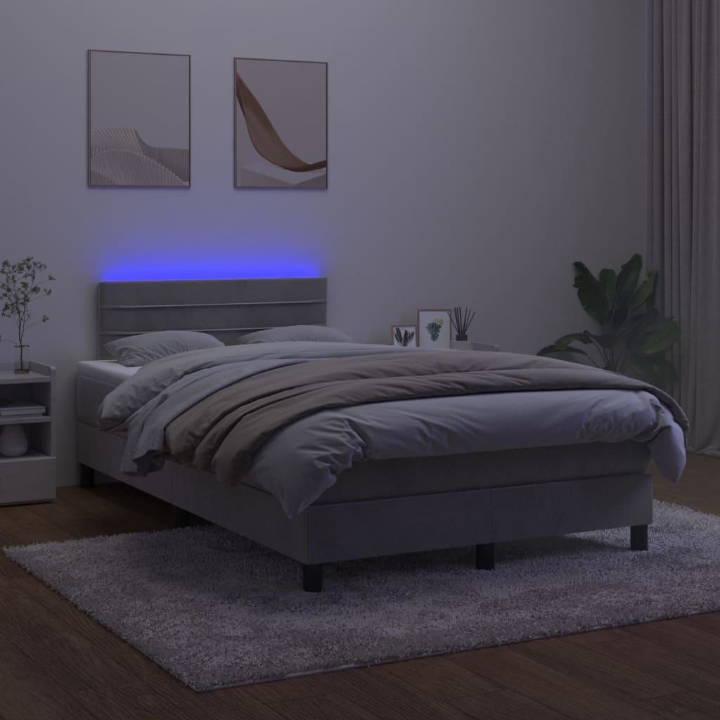 vidaXL Cama box spring c/ colchão/LED 120x200 cm veludo cinzento-claro