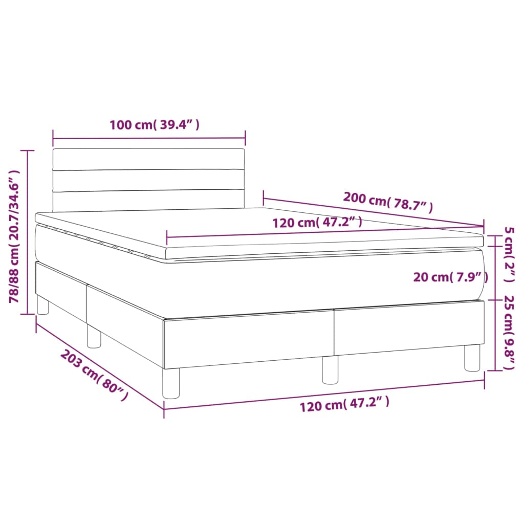 vidaXL Cama box spring c/ colchão/LED 120x200 cm veludo cinzento-claro