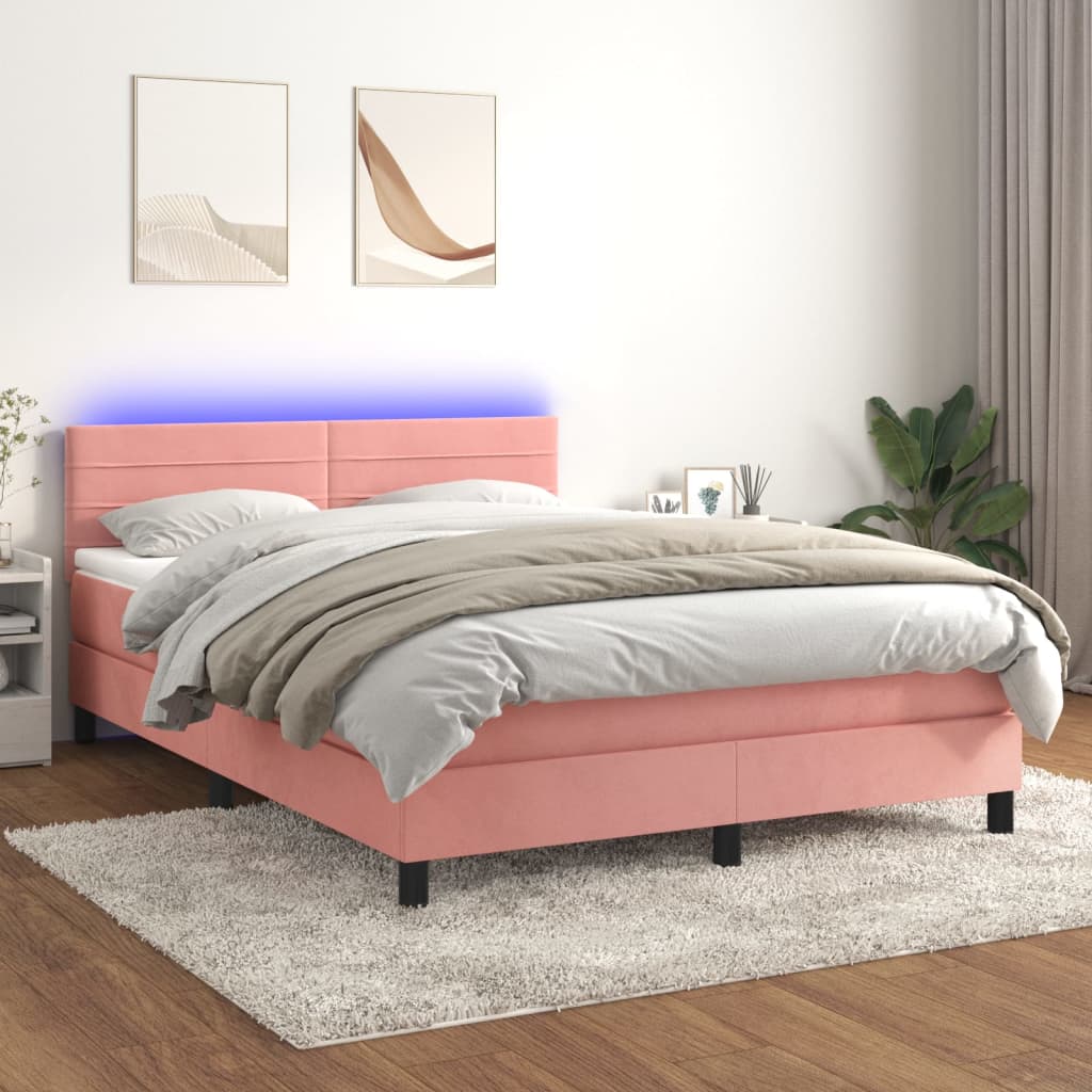 vidaXL Cama box spring c/ colchão/LED 140x200 cm veludo rosa