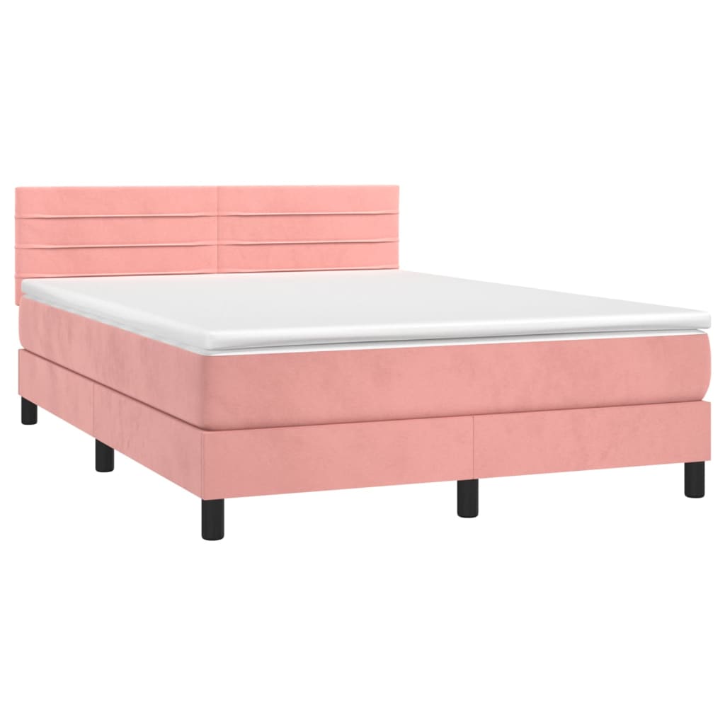 vidaXL Cama box spring c/ colchão/LED 140x200 cm veludo rosa