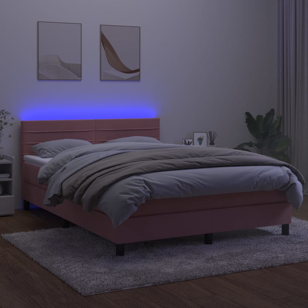 vidaXL Cama box spring c/ colchão/LED 140x200 cm veludo rosa