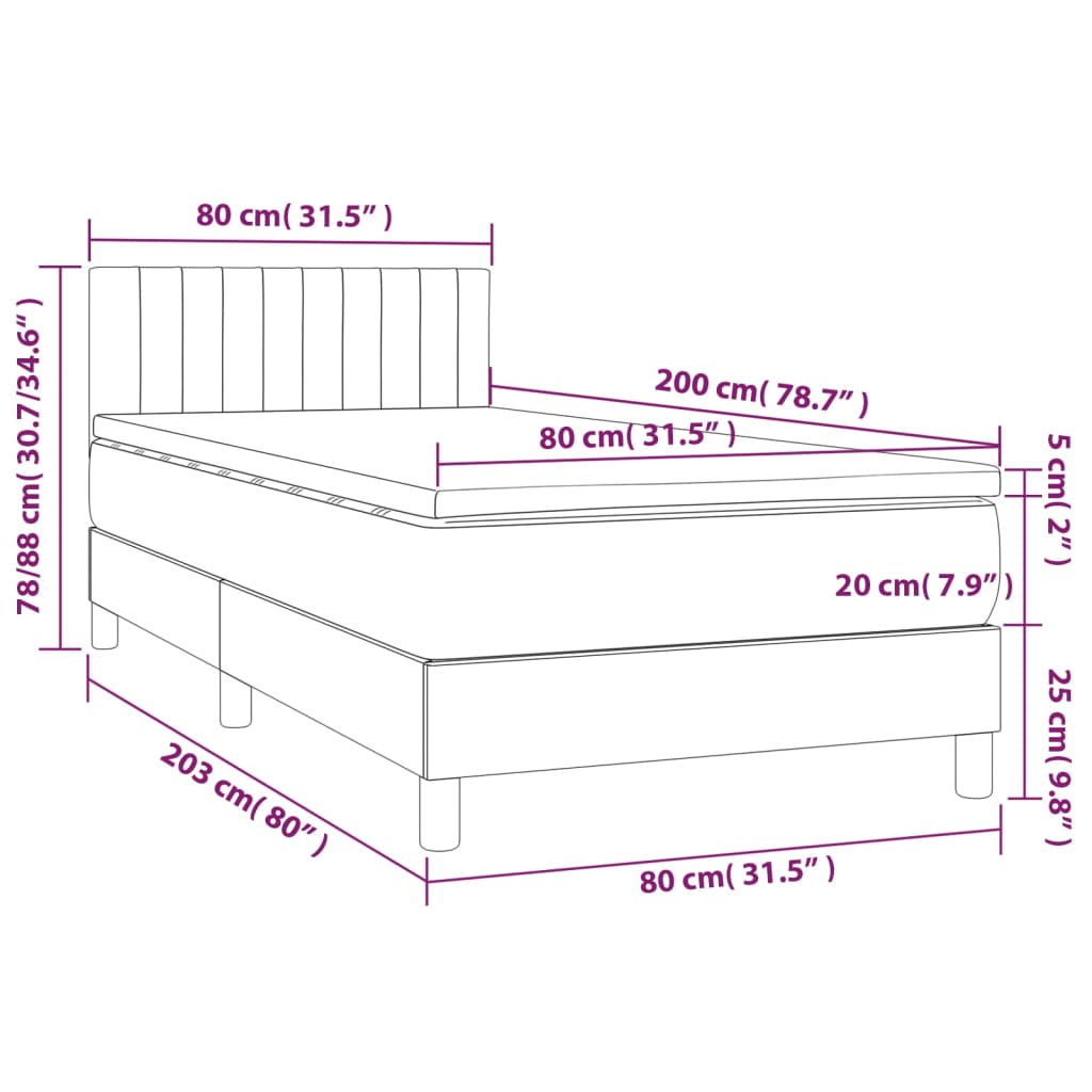 vidaXL Cama box spring c/ colchão/LED 80x200 cm veludo azul-escuro