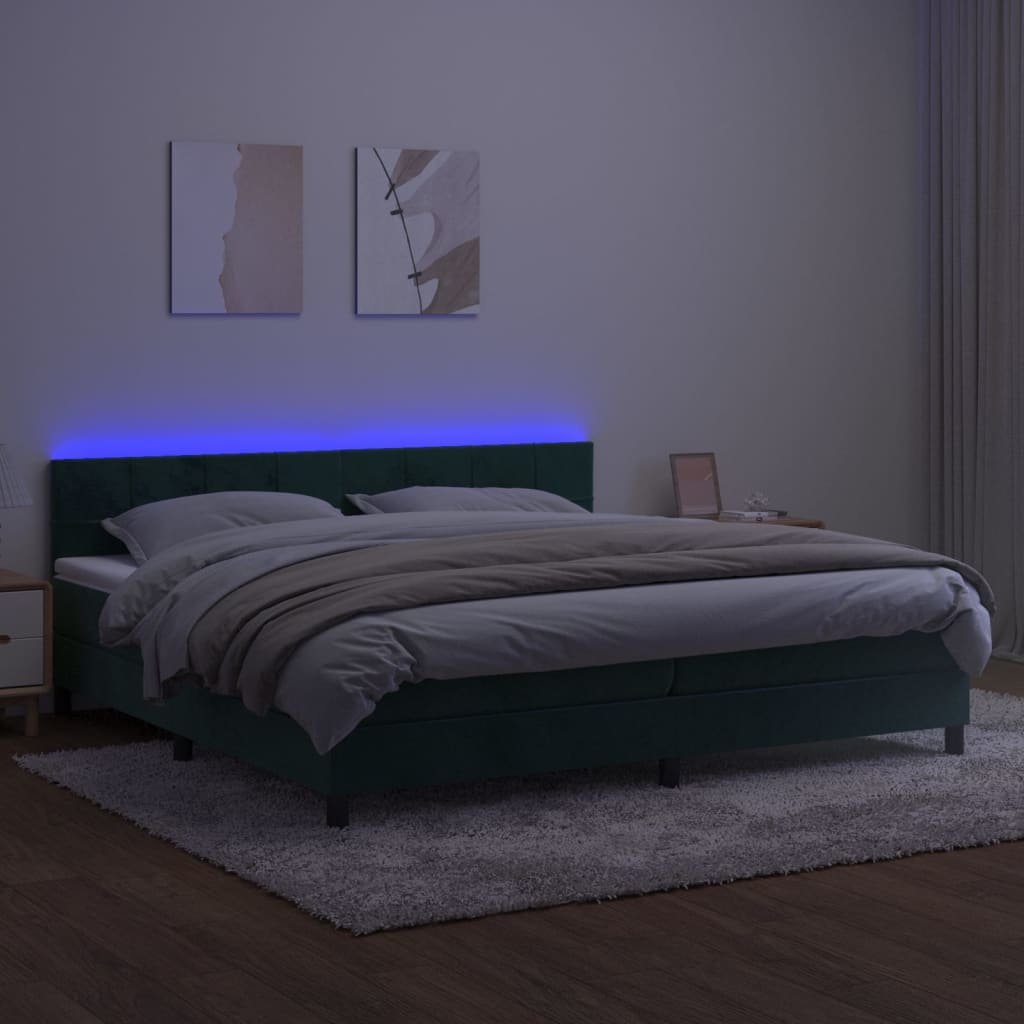 vidaXL Cama box spring c/ colchão/LED 200x200 cm veludo verde-escuro