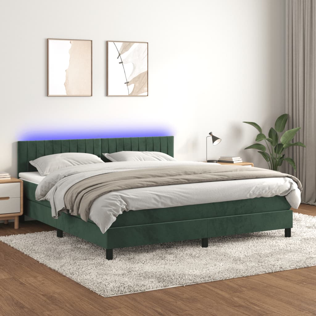 vidaXL Cama box spring c/ colchão/LED 180x200 cm veludo verde-escuro