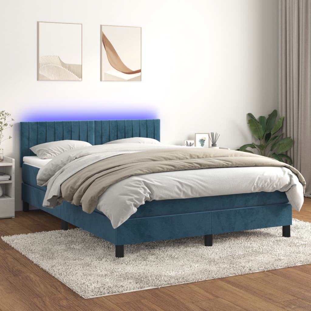 vidaXL Cama box spring c/ colchão/LED 140x190 cm veludo azul-escuro