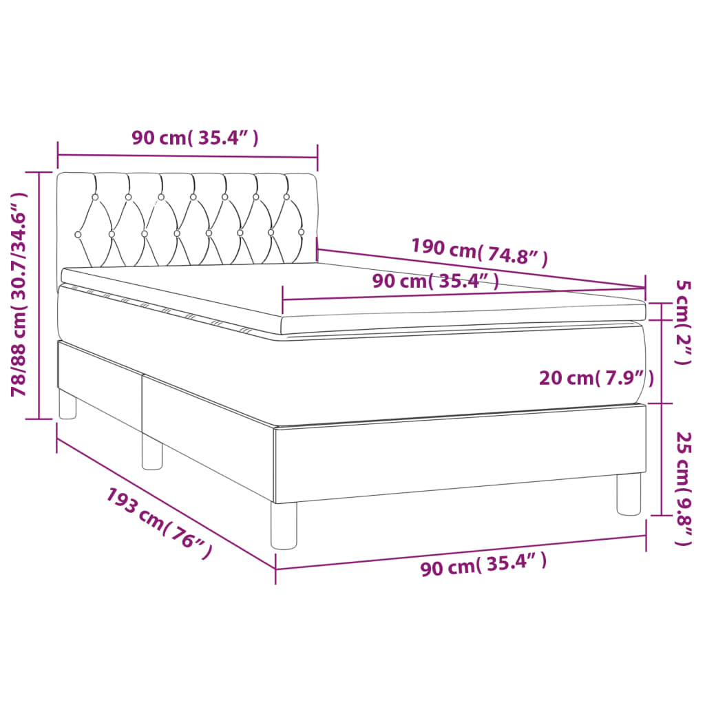 vidaXL Cama box spring c/ colchão/LED 90x190 cm veludo cinzento-escuro