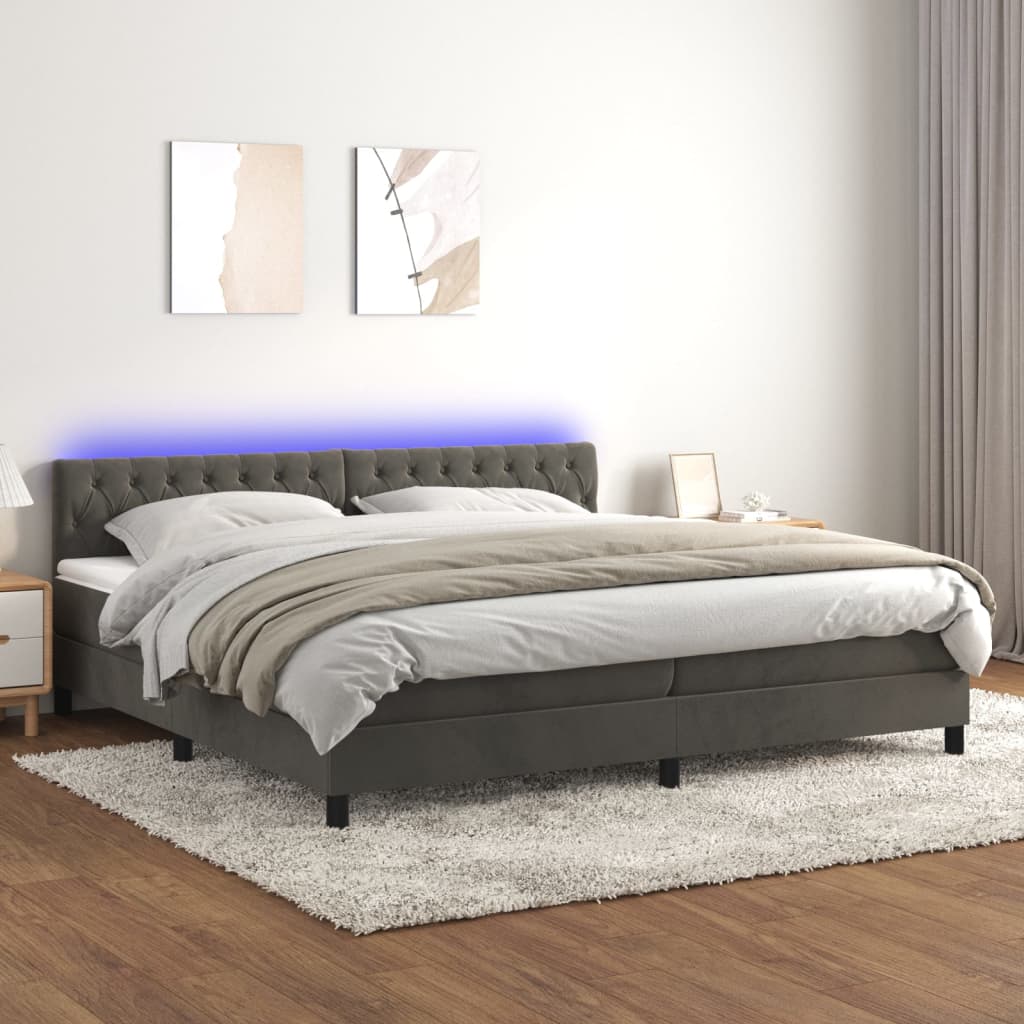 vidaXL Cama box spring c/ colchão/LED 200x200cm veludo cinzento-escuro