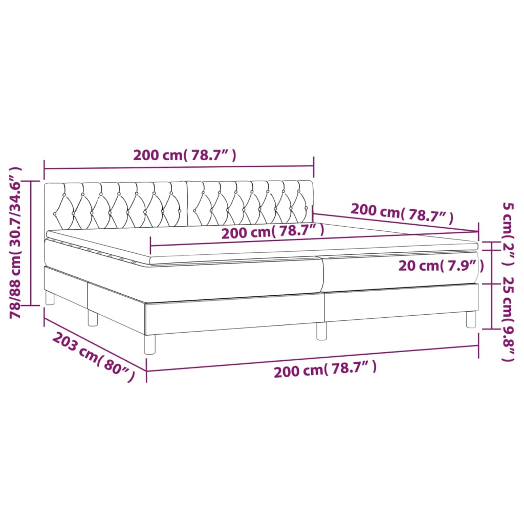 vidaXL Cama box spring c/ colchão/LED 200x200cm veludo cinzento-escuro