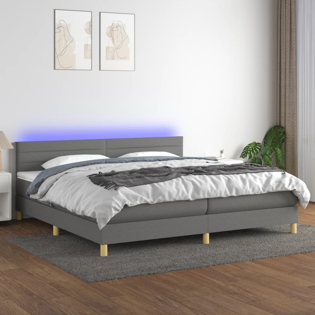 vidaXL Cama box spring c/ colchão e LED 200x200 cm tecido cinza-escuro