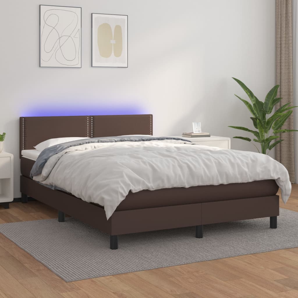 vidaXL Cama box spring c/ colchão/LED 140x200 cm couro artif. castanho