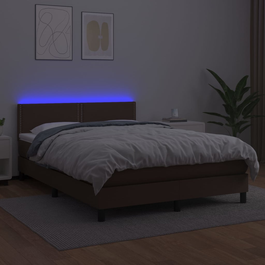 vidaXL Cama box spring c/ colchão/LED 140x200 cm couro artif. castanho