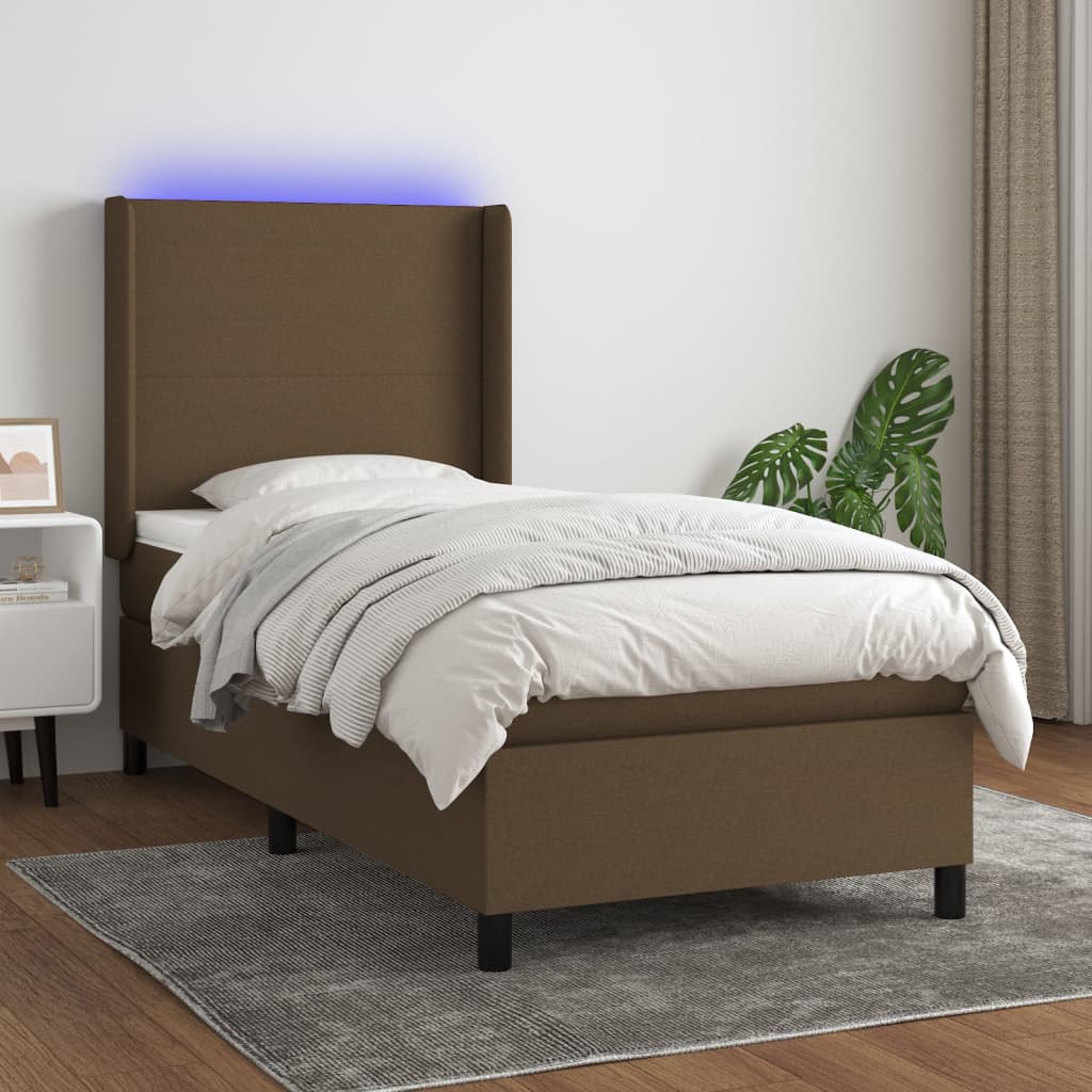 vidaXL Cama box spring c/ colchão/LED 90x200 cm tecido castanho-escuro