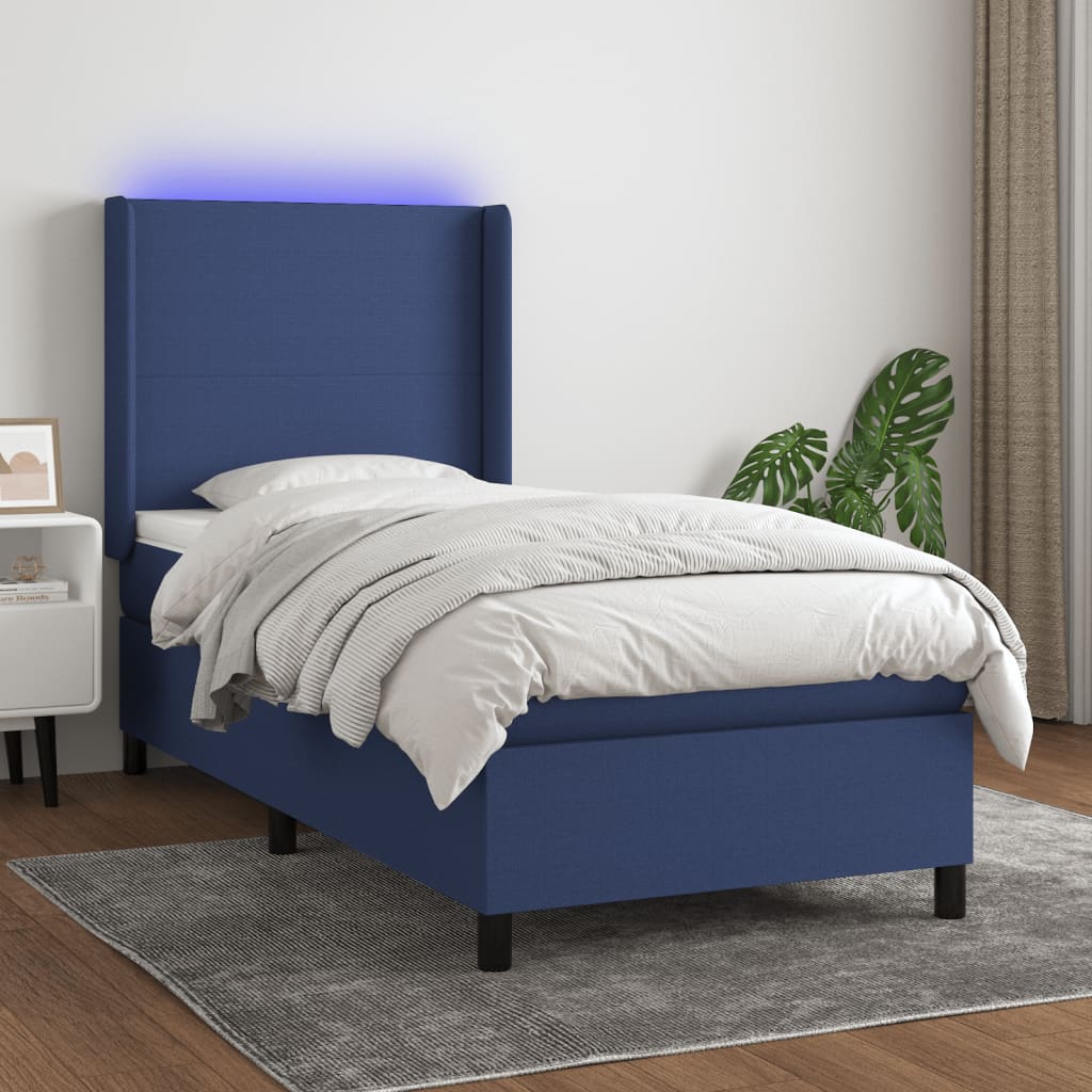 vidaXL Cama box spring c/ colchão e LED 90x190 cm tecido azul