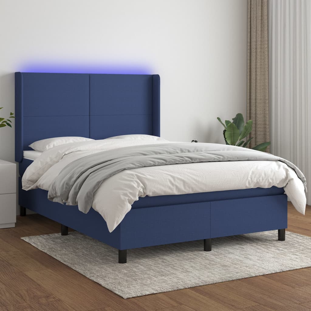 vidaXL Cama box spring c/ colchão e LED 140x200 cm tecido azul