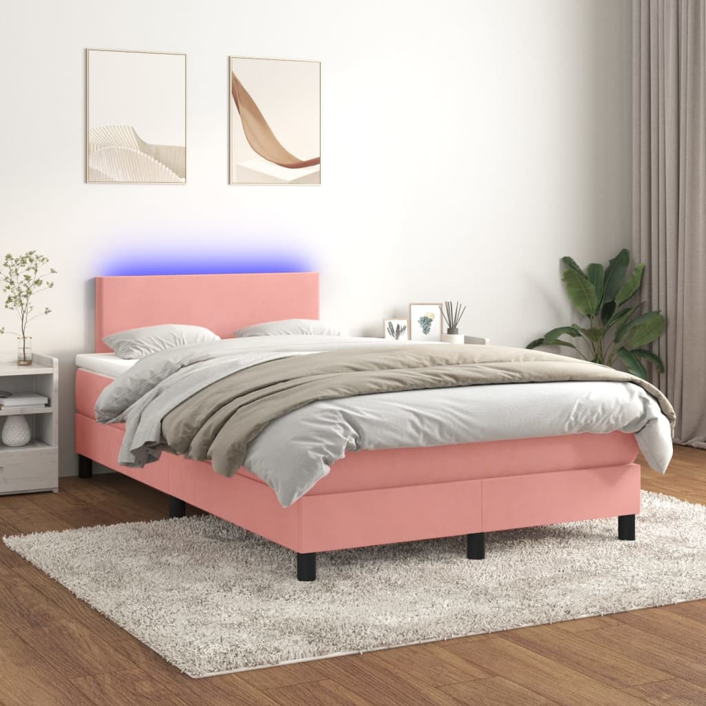 vidaXL Cama box spring c/ colchão/LED 120x200 cm veludo rosa