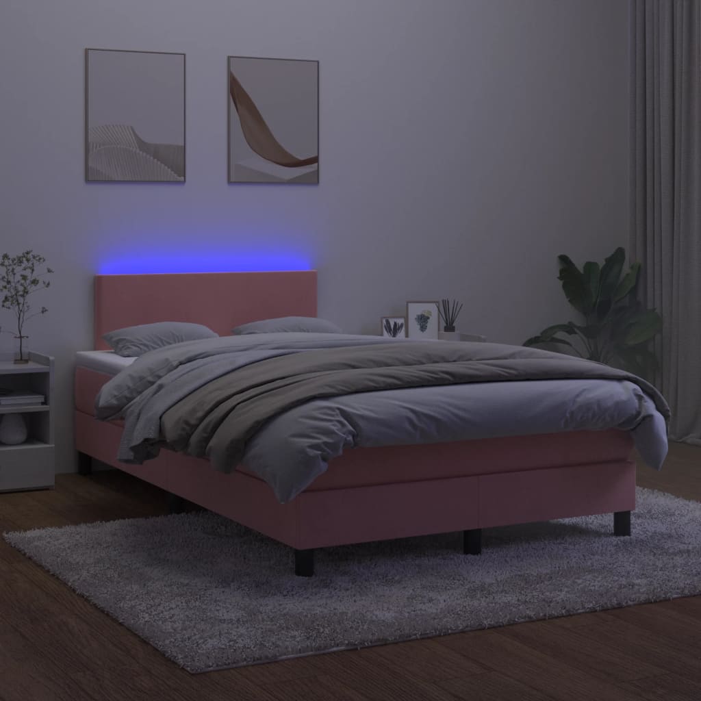 vidaXL Cama box spring c/ colchão/LED 120x200 cm veludo rosa