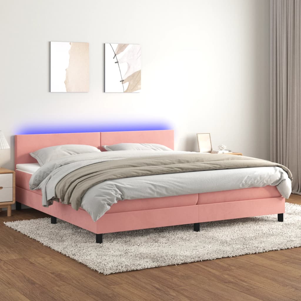 vidaXL Cama box spring c/ colchão/LED 200x200 cm veludo rosa