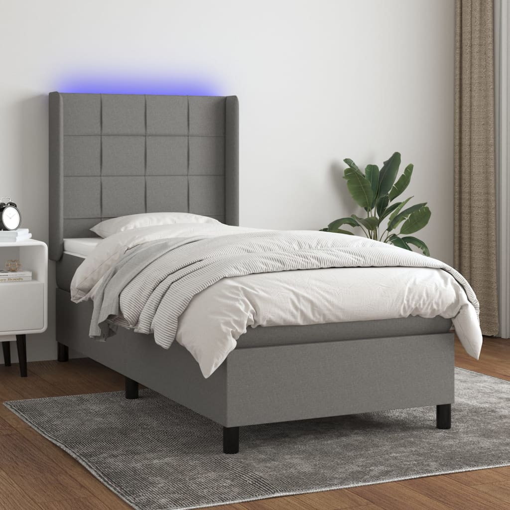 vidaXL Cama box spring c/ colchão e LED 90x190 cm tecido cinza-escuro