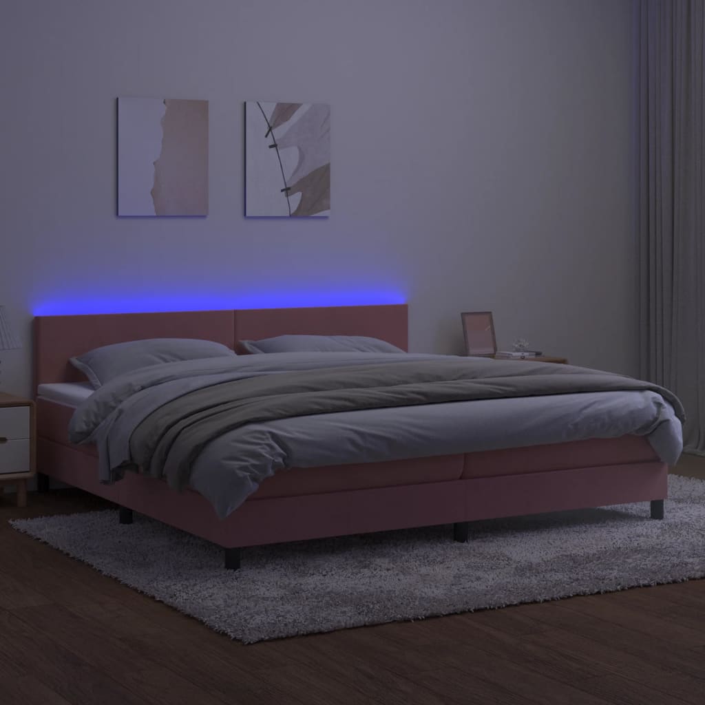 vidaXL Cama box spring c/ colchão/LED 200x200 cm veludo rosa