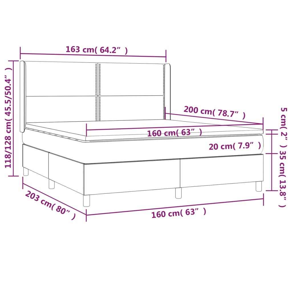 vidaXL Cama box spring c/ colchão e LED 160x200 cm tecido cinza-escuro