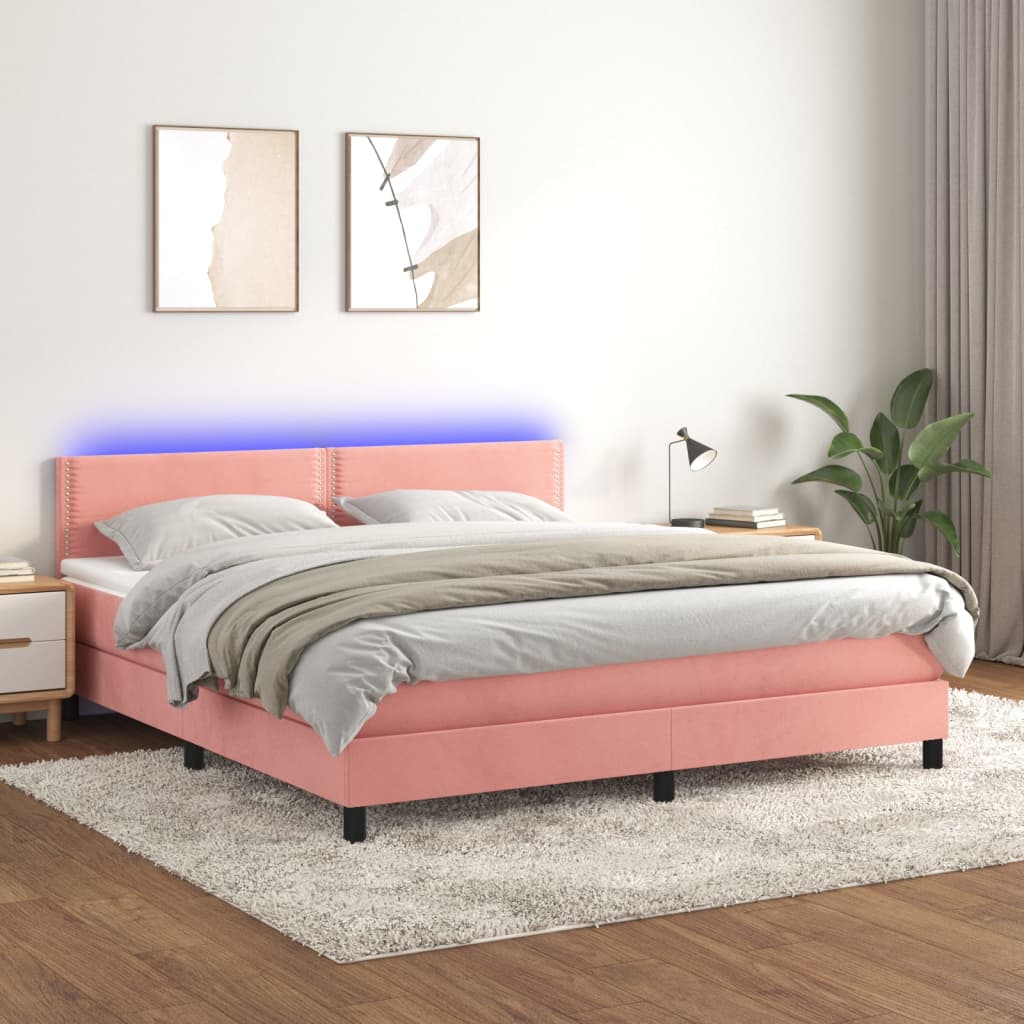 vidaXL Cama box spring c/ colchão/LED 180x200 cm veludo rosa