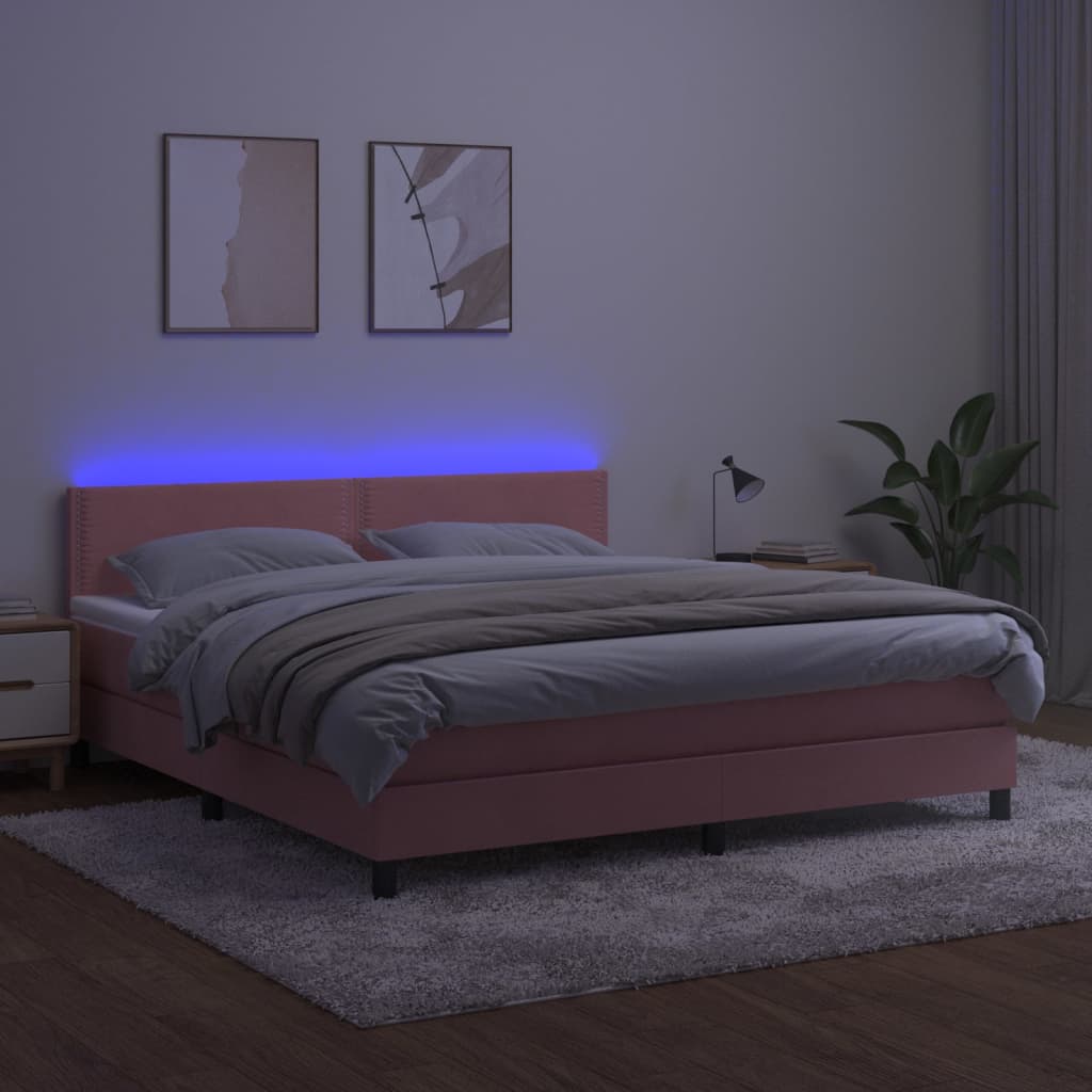 vidaXL Cama box spring c/ colchão/LED 180x200 cm veludo rosa