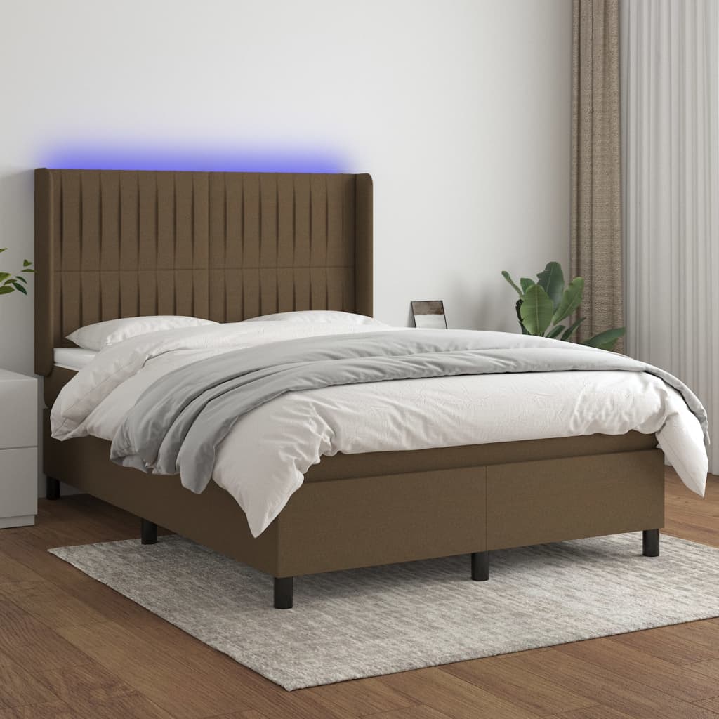 vidaXL Cama box spring c/ colchão/LED 140x190cm tecido castanho-escuro