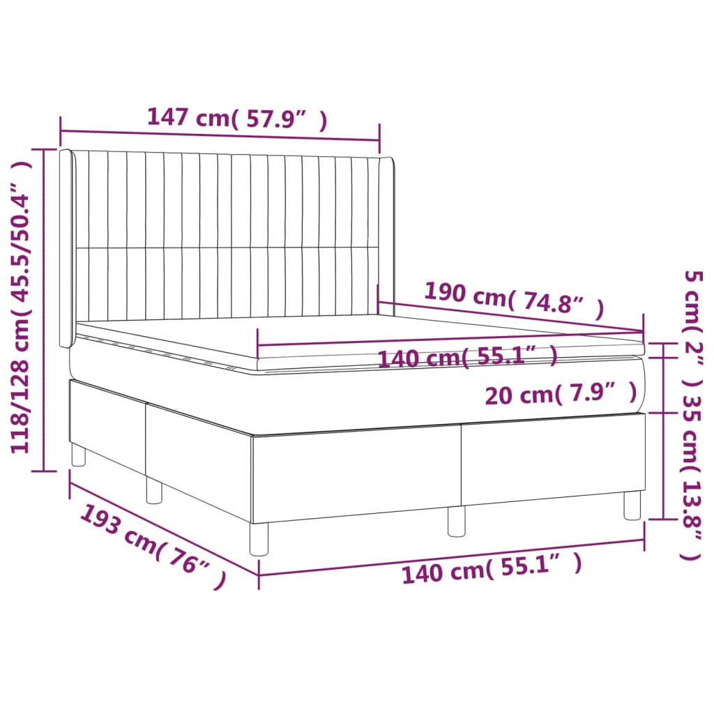 vidaXL Cama box spring c/ colchão/LED 140x190cm tecido castanho-escuro