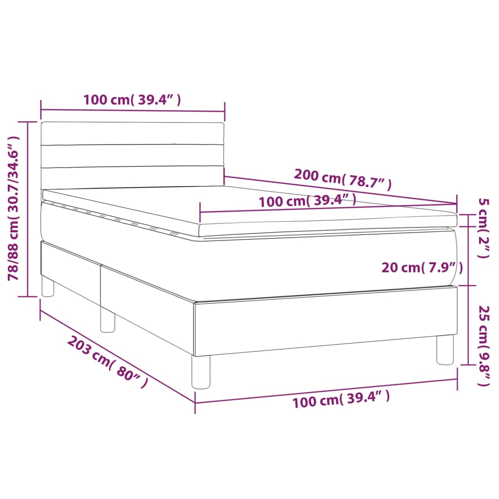 vidaXL Cama box spring c/ colchão/LED 100x200 cm veludo azul-escuro