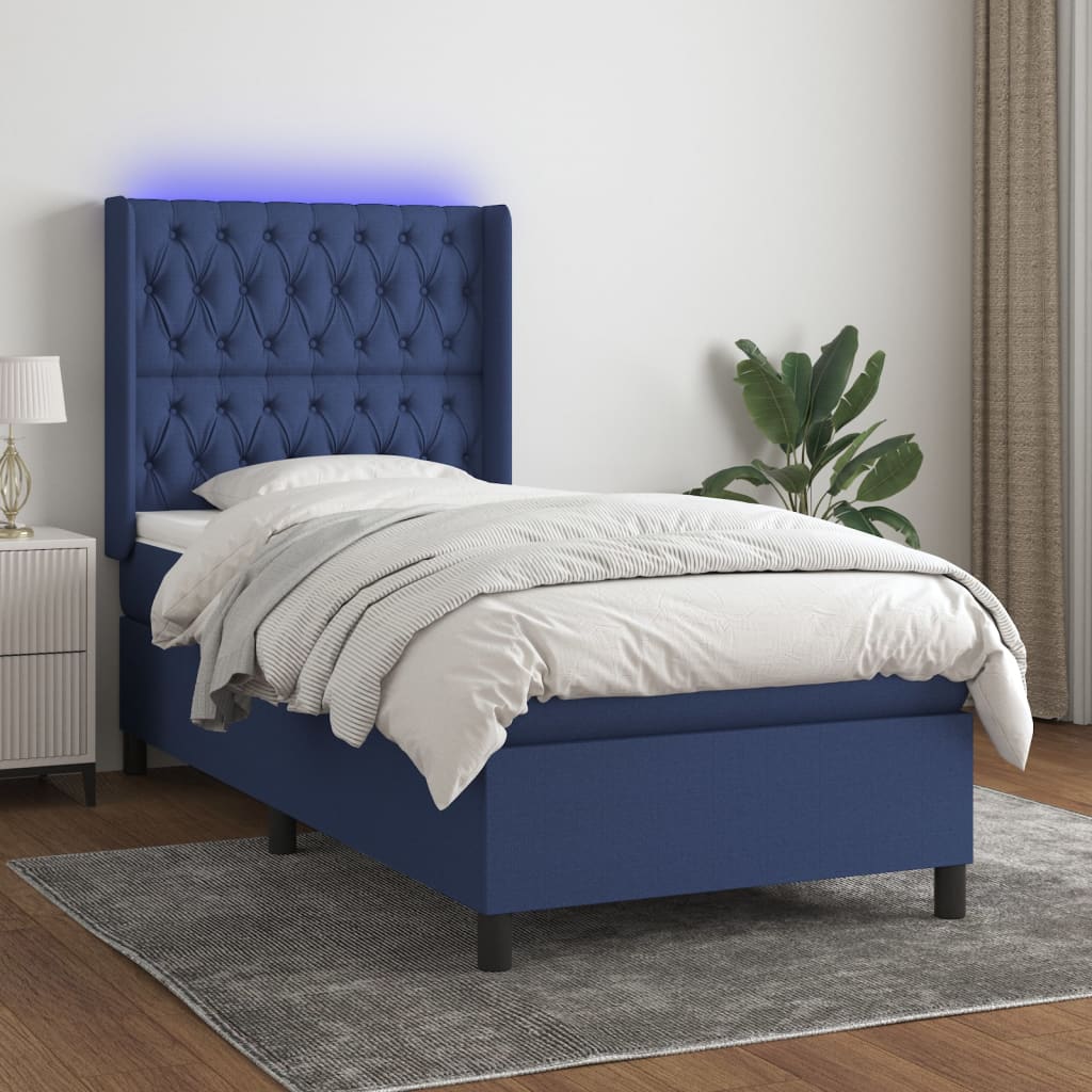 vidaXL Cama box spring c/ colchão e LED 90x190 cm tecido azul