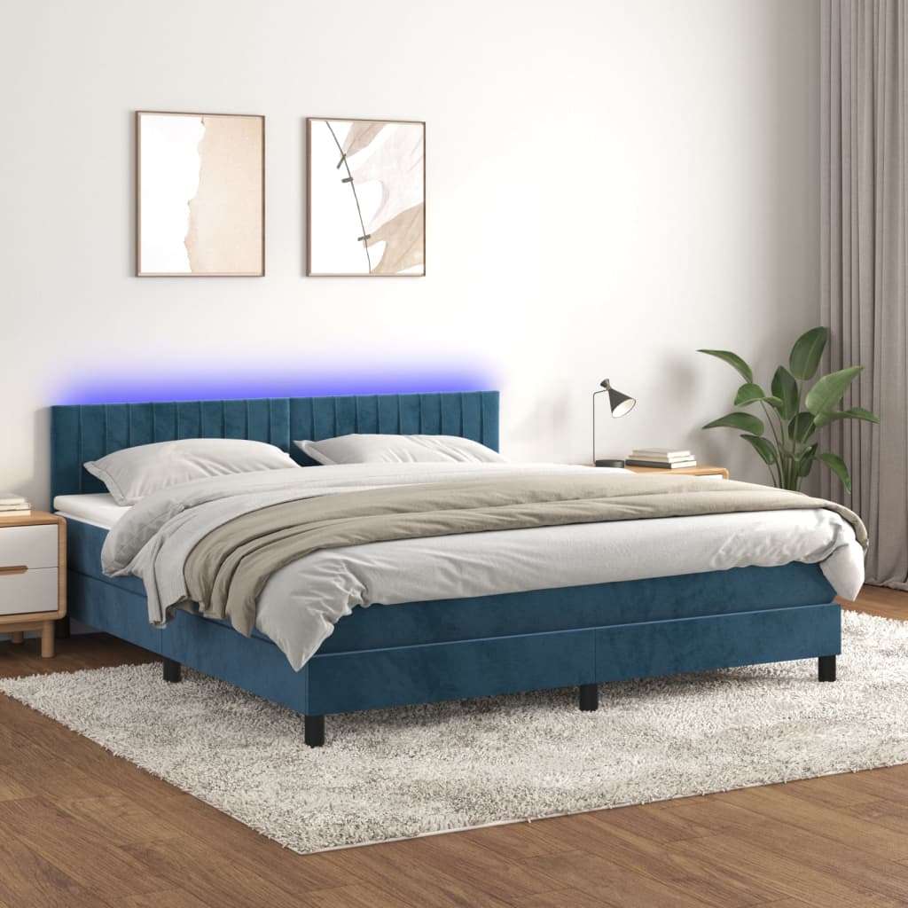 vidaXL Cama box spring c/ colchão/LED 160x200 cm veludo azul-escuro