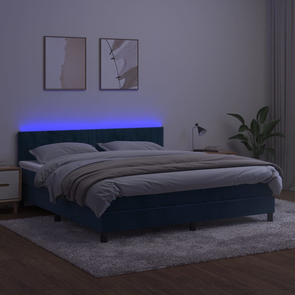 vidaXL Cama box spring c/ colchão/LED 160x200 cm veludo azul-escuro