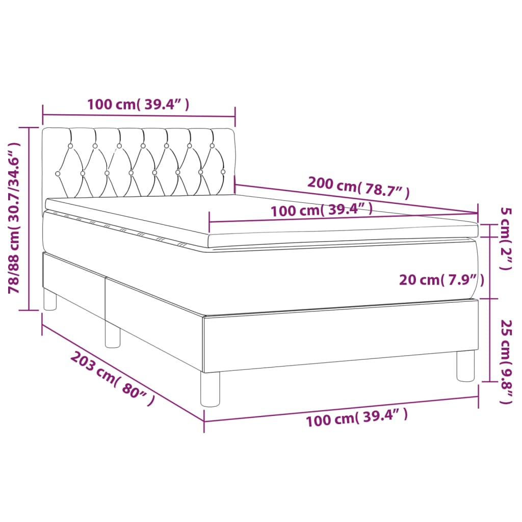 vidaXL Cama box spring c/ colchão/LED 100x200cm veludo cinzento-escuro