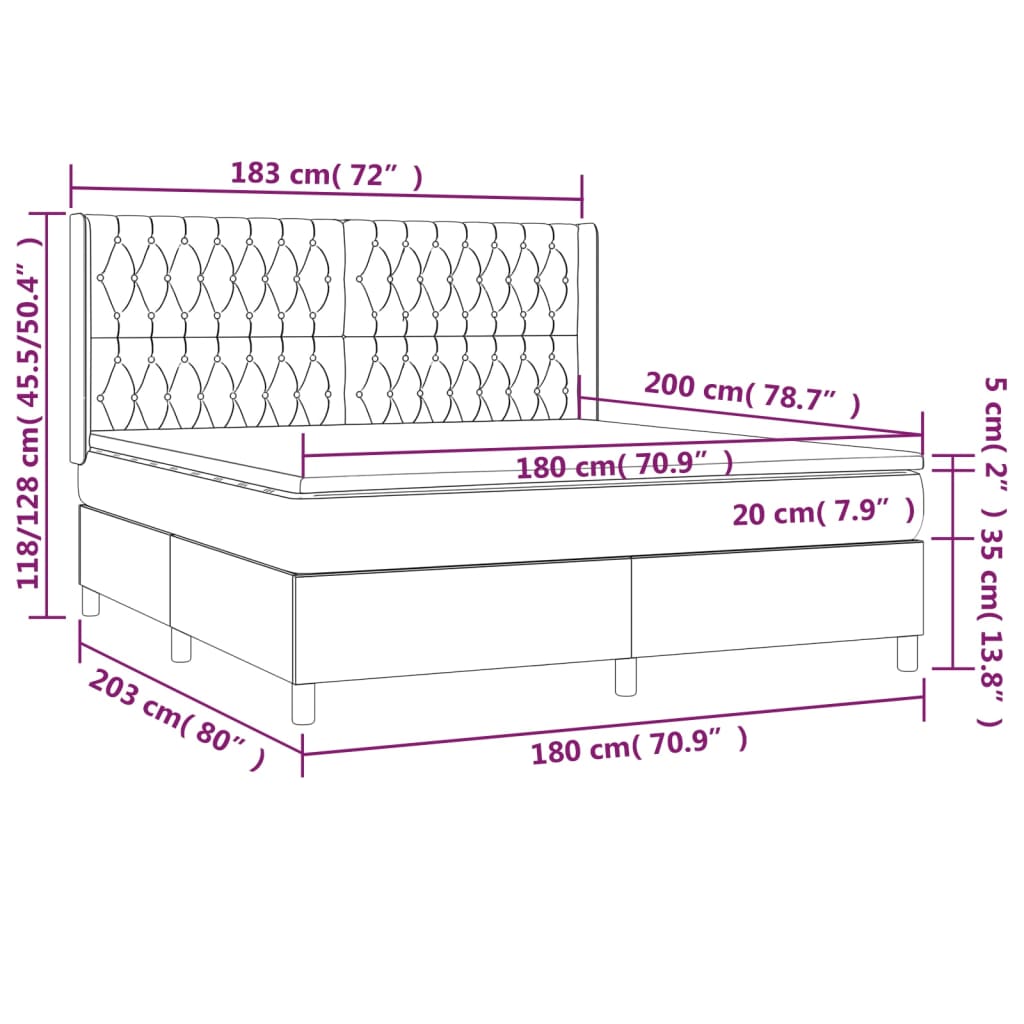 vidaXL Cama box spring c/ colchão e LED 180x200 cm tecido preto