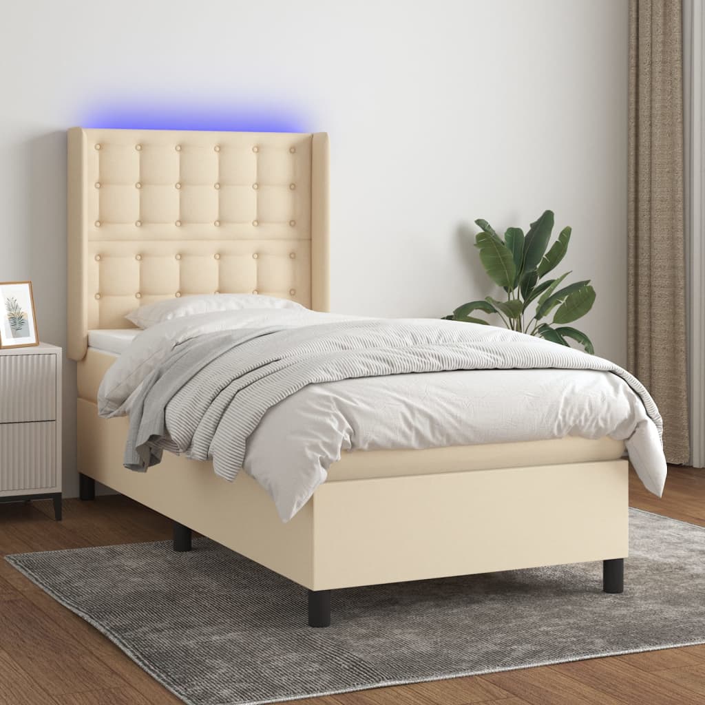 vidaXL Cama box spring c/ colchão e LED 90x200 cm tecido cor creme