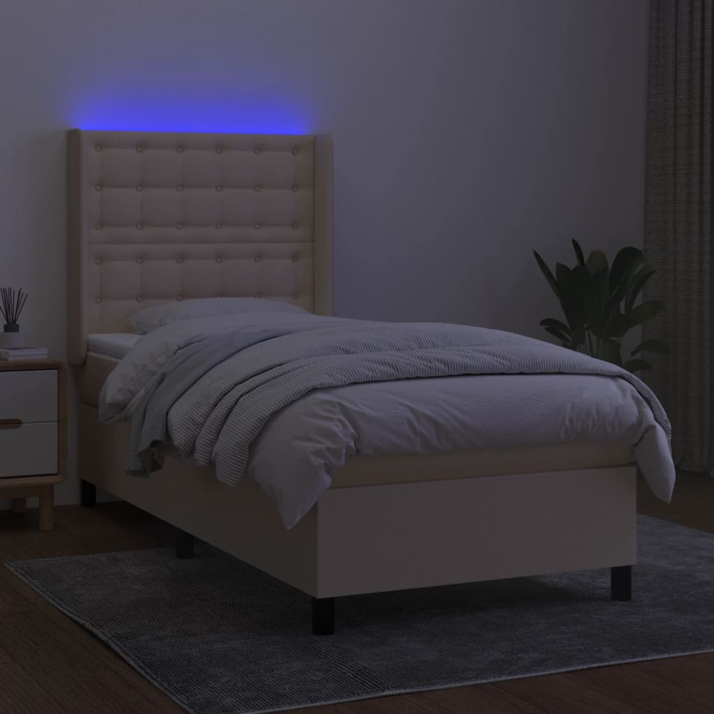 vidaXL Cama box spring c/ colchão e LED 90x200 cm tecido cor creme