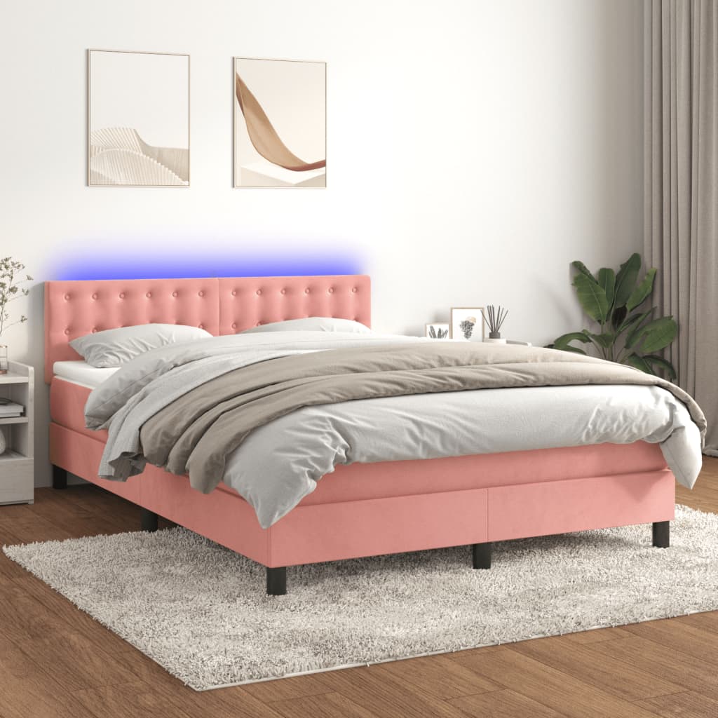 vidaXL Cama box spring c/ colchão/LED 140x190 cm veludo rosa