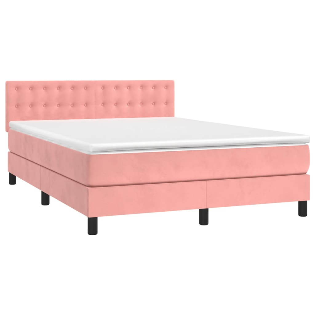 vidaXL Cama box spring c/ colchão/LED 140x190 cm veludo rosa